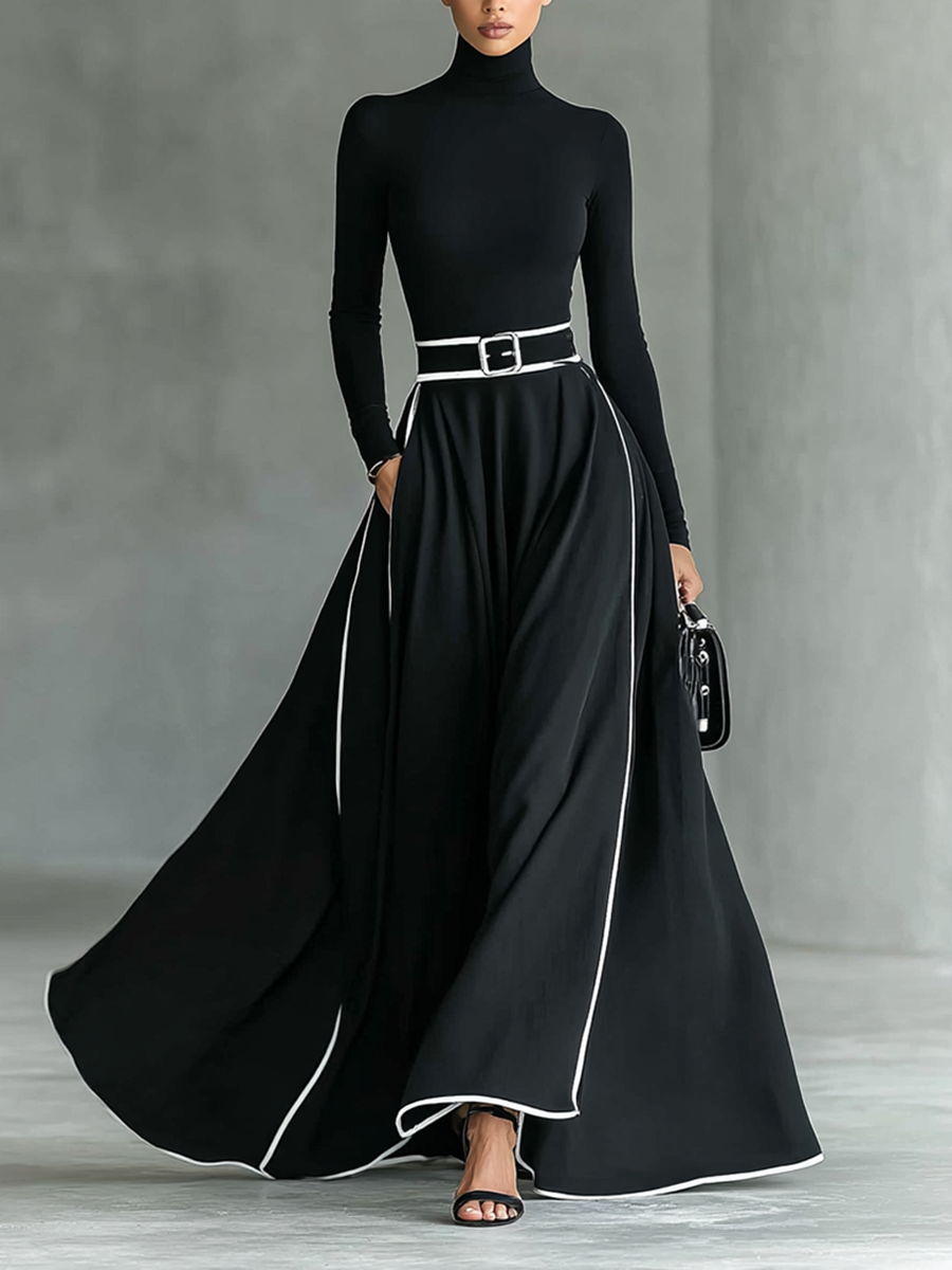 Lenoir™ | Robe Maxi Noire avec Coutures Blanches, Col Haut, Manches Longues et Taille Ajustée