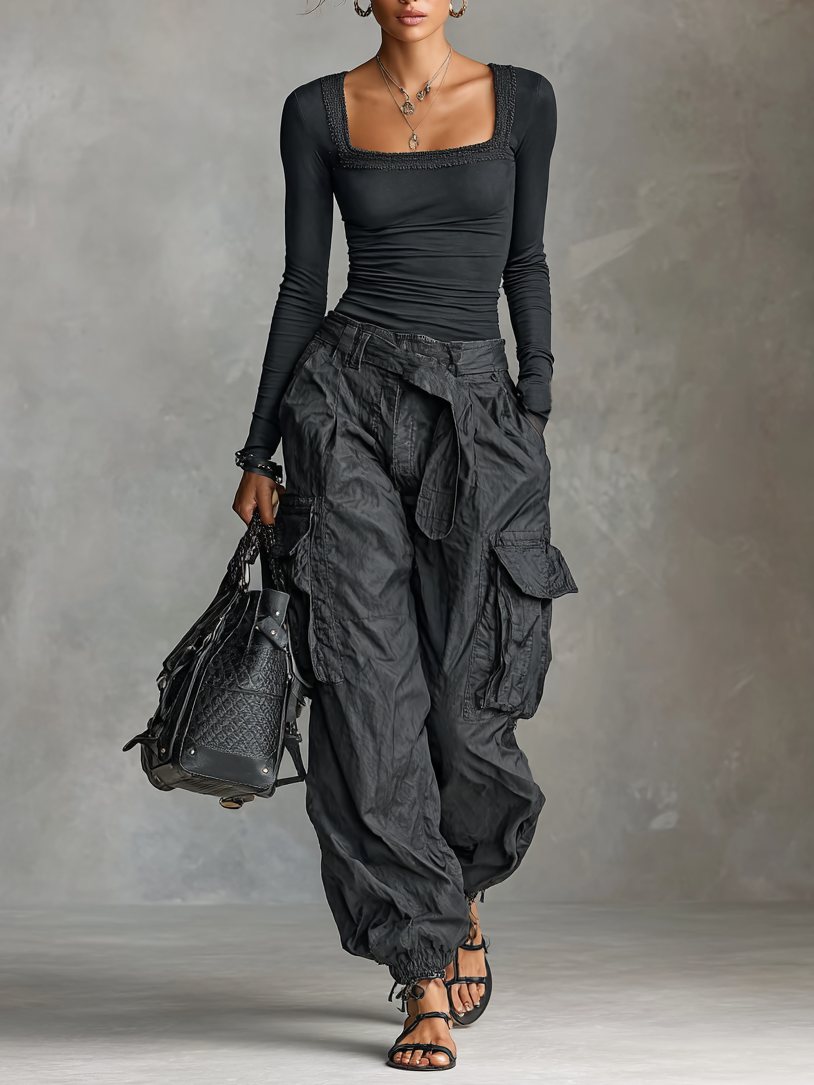 Lenoir™ | Ensemble à Deux Pièces T-Shirt à Manches Longues avec Décolleté Carré et Pantalons Cargo avec de Nombreuses Poches