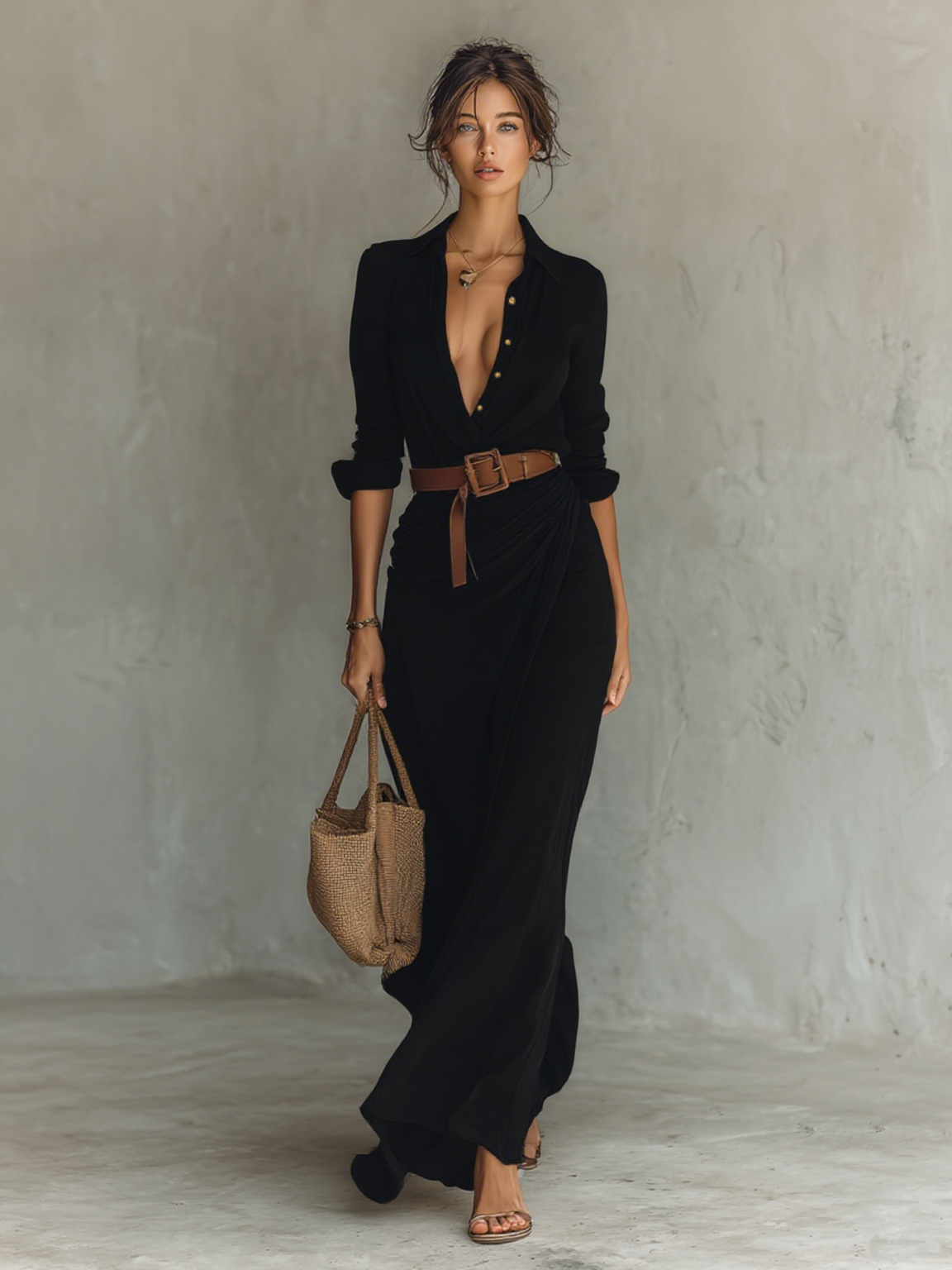 Lenoir™ | Robe Maxi Longue avec Col et Ceinture Inclus