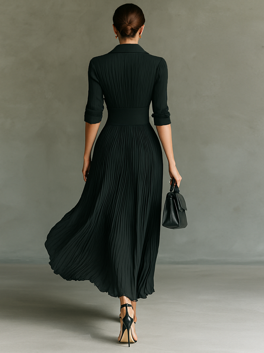 Lenoir™ | Robe Maxi Longue à Manches Longues et Col Revers avec Plis