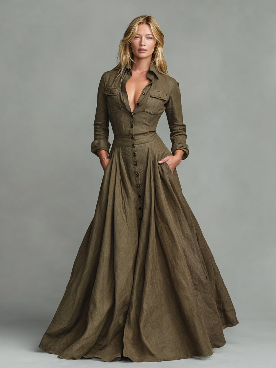 Lenoir™ | Robe Maxi Vintage en Coton et Lin pour Femmes avec Design Chemisier