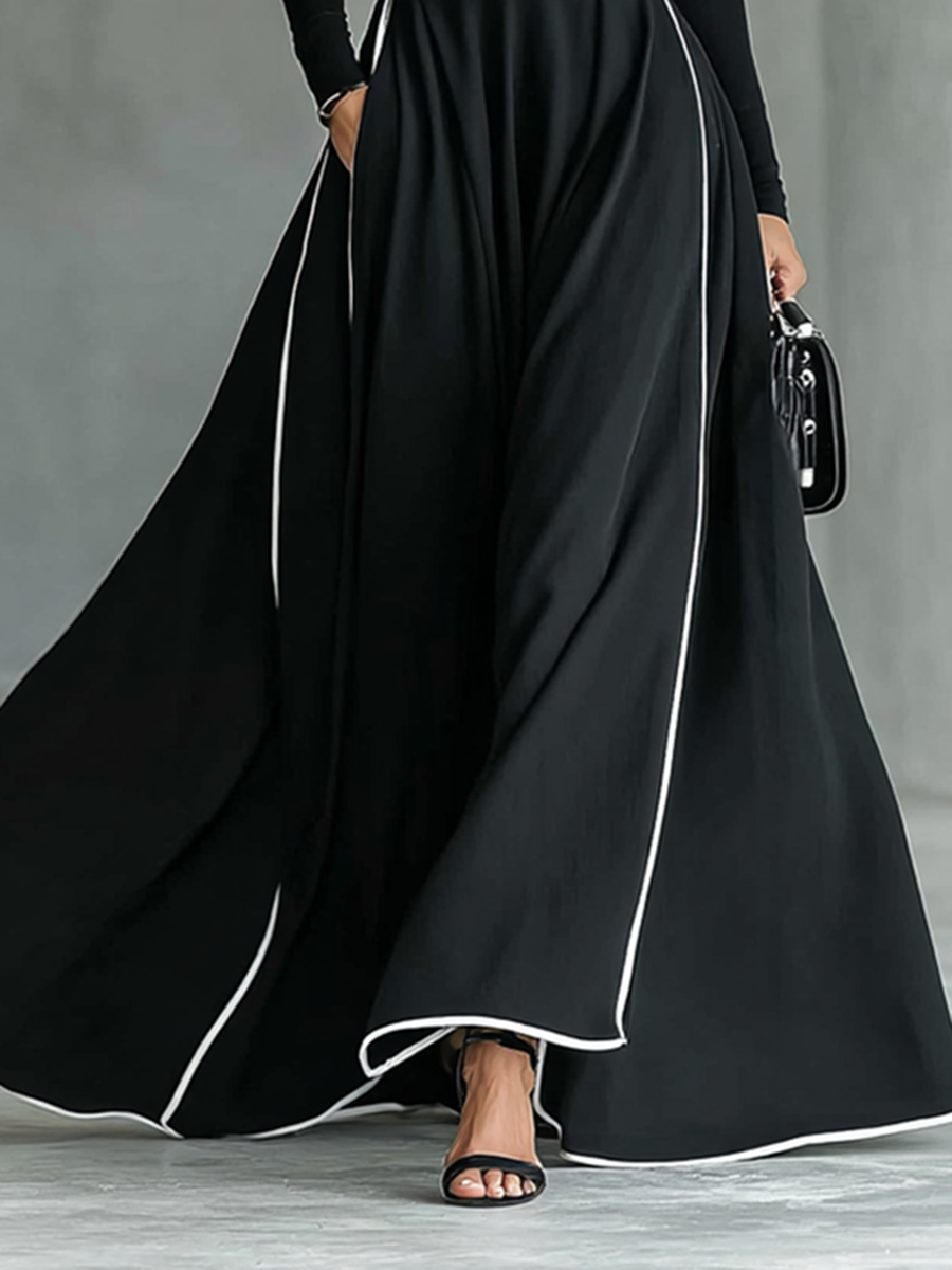 Lenoir™ | Robe Maxi Noire avec Coutures Blanches, Col Haut, Manches Longues et Taille Ajustée