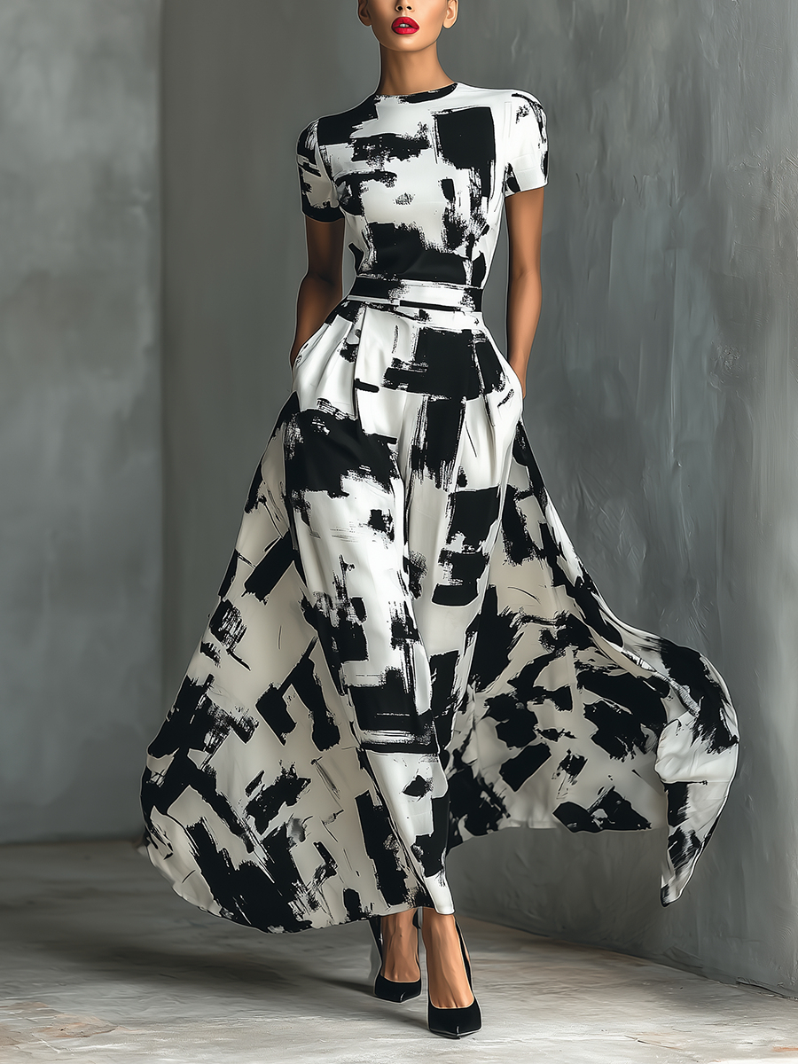 Lenoir™ | Robe Maxi à Manches Courtes avec Motif Abstrait