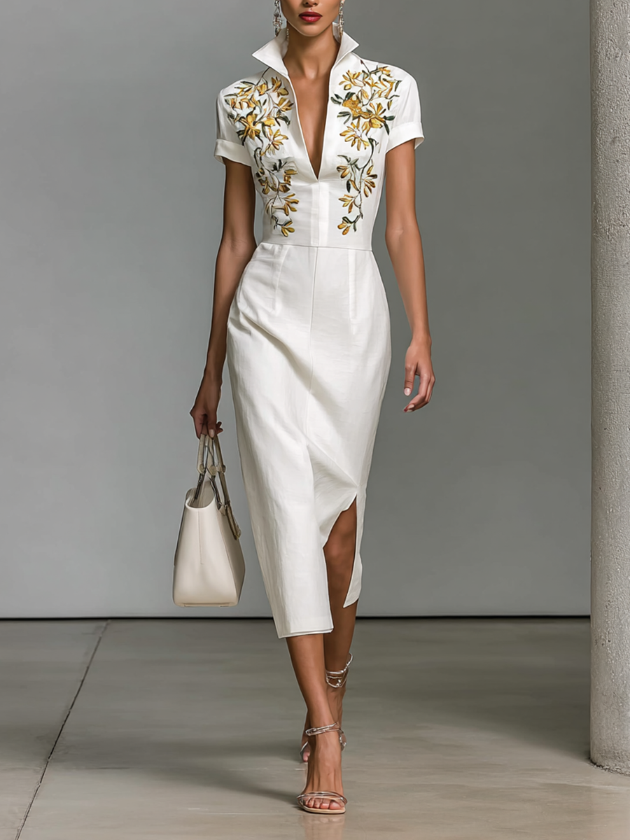 Lenoir™ | Robe Midi Femme Brodée avec Décolleté en V et Manches Courtes