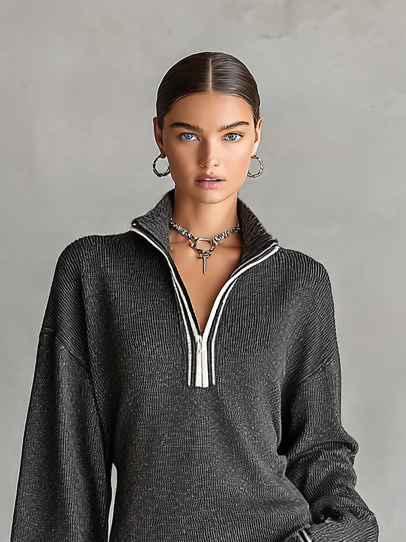 Lenoir™ | Robe Mini en Tricot Lâche avec Col Polo et Fermeture Éclair