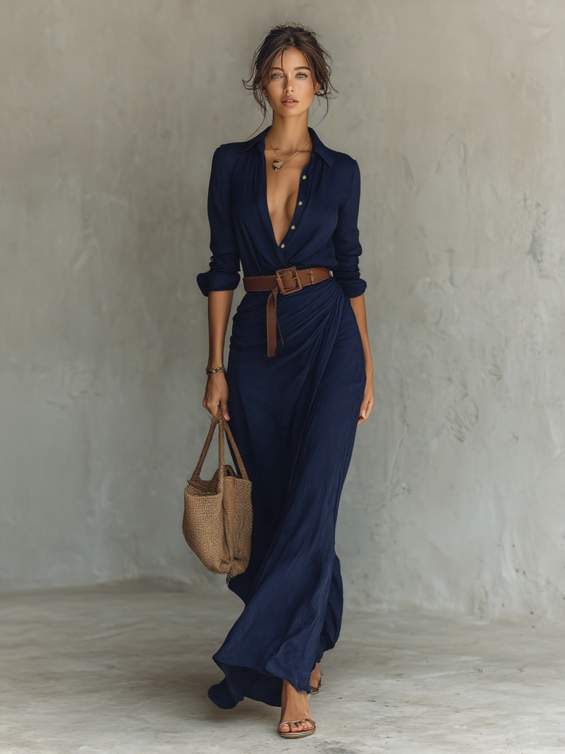 Lenoir™ | Robe Maxi Longue avec Col et Ceinture Inclus