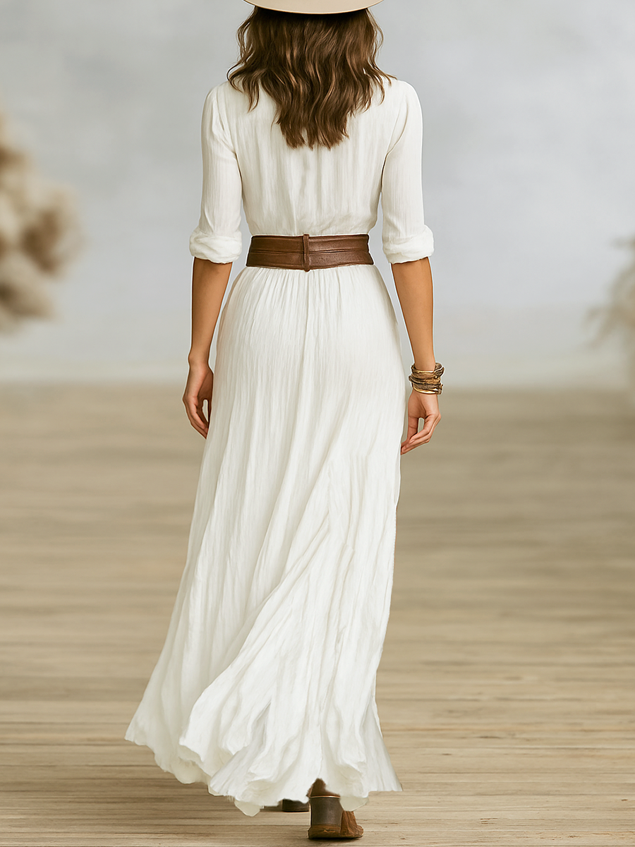 Lenoir™ | Robe Maxi Longue Femme en Coton et Lin Immitatif avec Col Revers