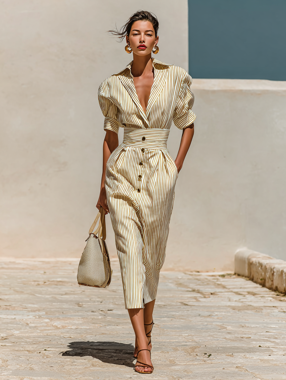 Lenoir™ | Robe Midi Rayée avec Col et Manches Courtes