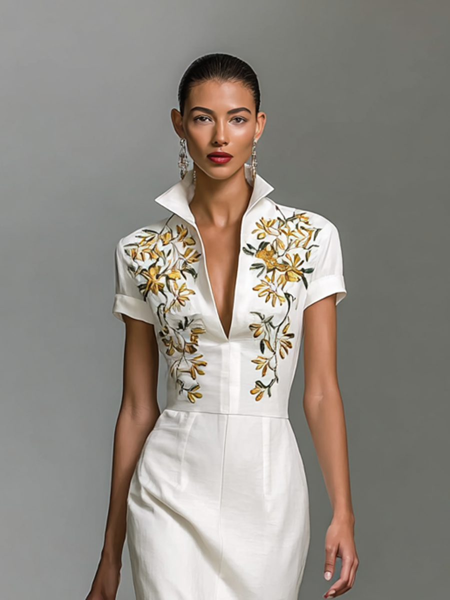 Lenoir™ | Robe Midi Femme Brodée avec Décolleté en V et Manches Courtes