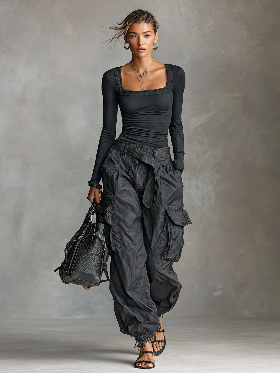 Lenoir™ | Ensemble à Deux Pièces T-Shirt à Manches Longues avec Décolleté Carré et Pantalons Cargo avec de Nombreuses Poches