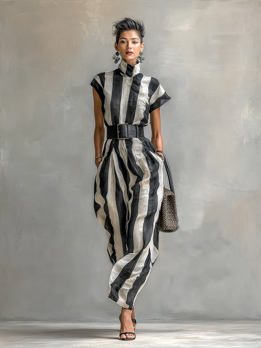 Lenoir™ | Robe Maxi en Chiffon avec Col Haut et Manches Courtes