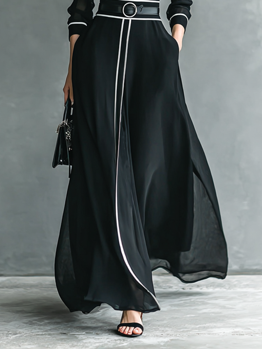 Lenoir™ | Maxi Robe en Chiffon avec Col Haut et Manches Longues pour Femmes avec Finition Blanche