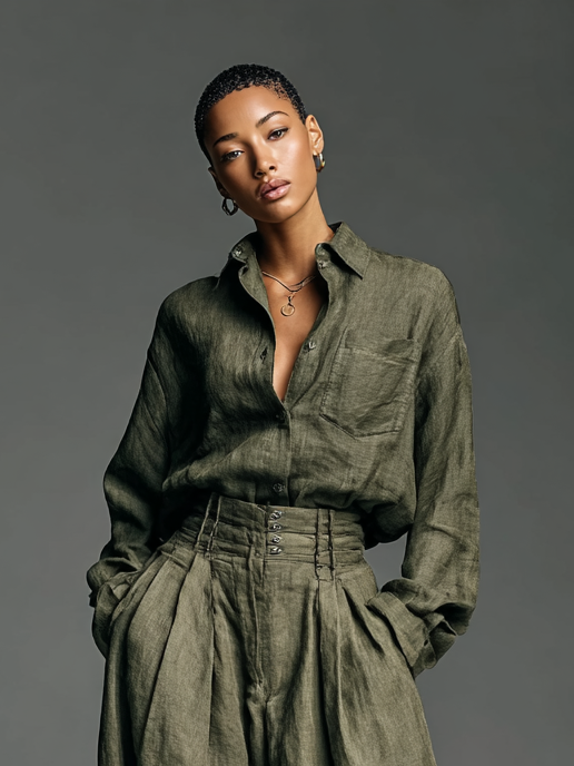 Lenoir™ | Ensemble Deux Pièces Femme en Coton et Lin avec Chemise à Manches Longues et Pantalon à Jambe Large